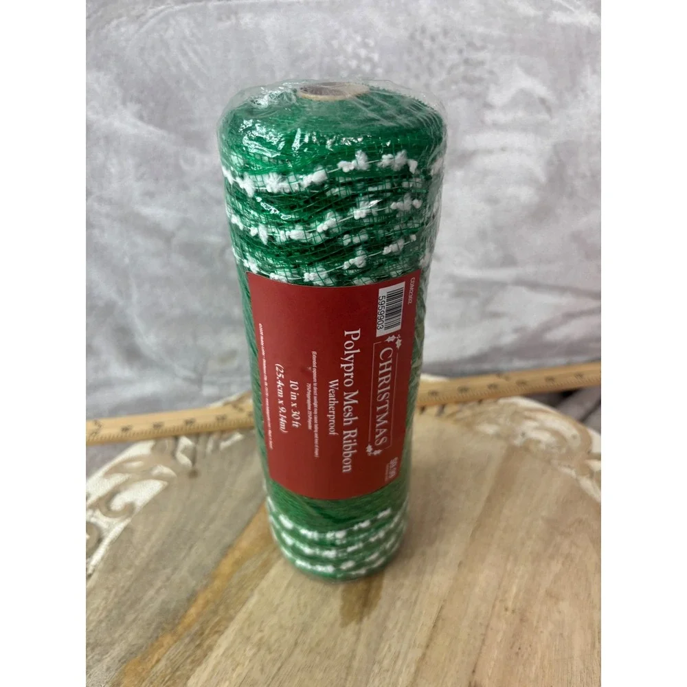 Hobby Lobby Christmas Polypro Mesh Ribbon Green White Weatherproof 10in x 30ft